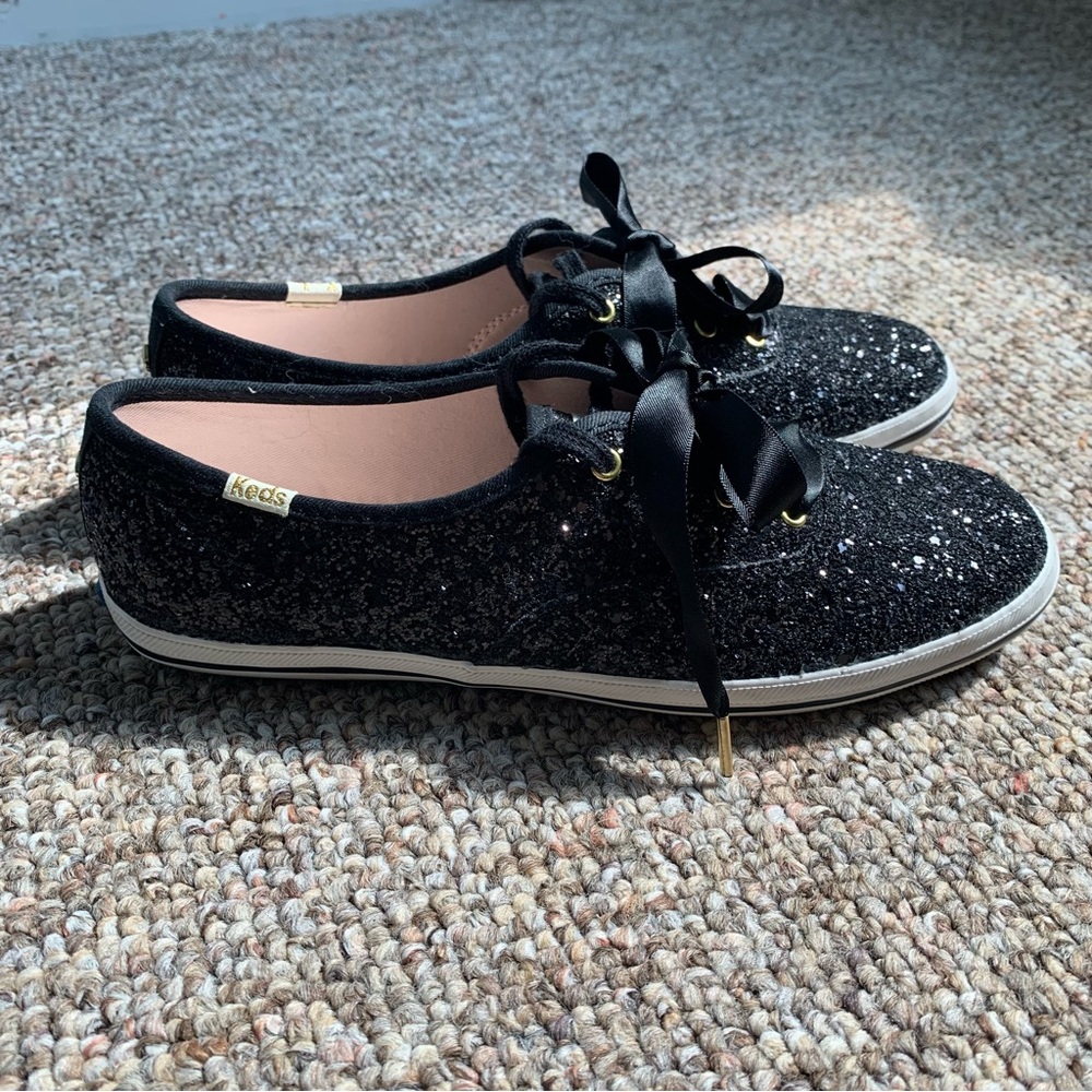 Kate Spade X Keds Collab Black Sparkly Sneakers Ribbon Lace Glittery Size 7.5